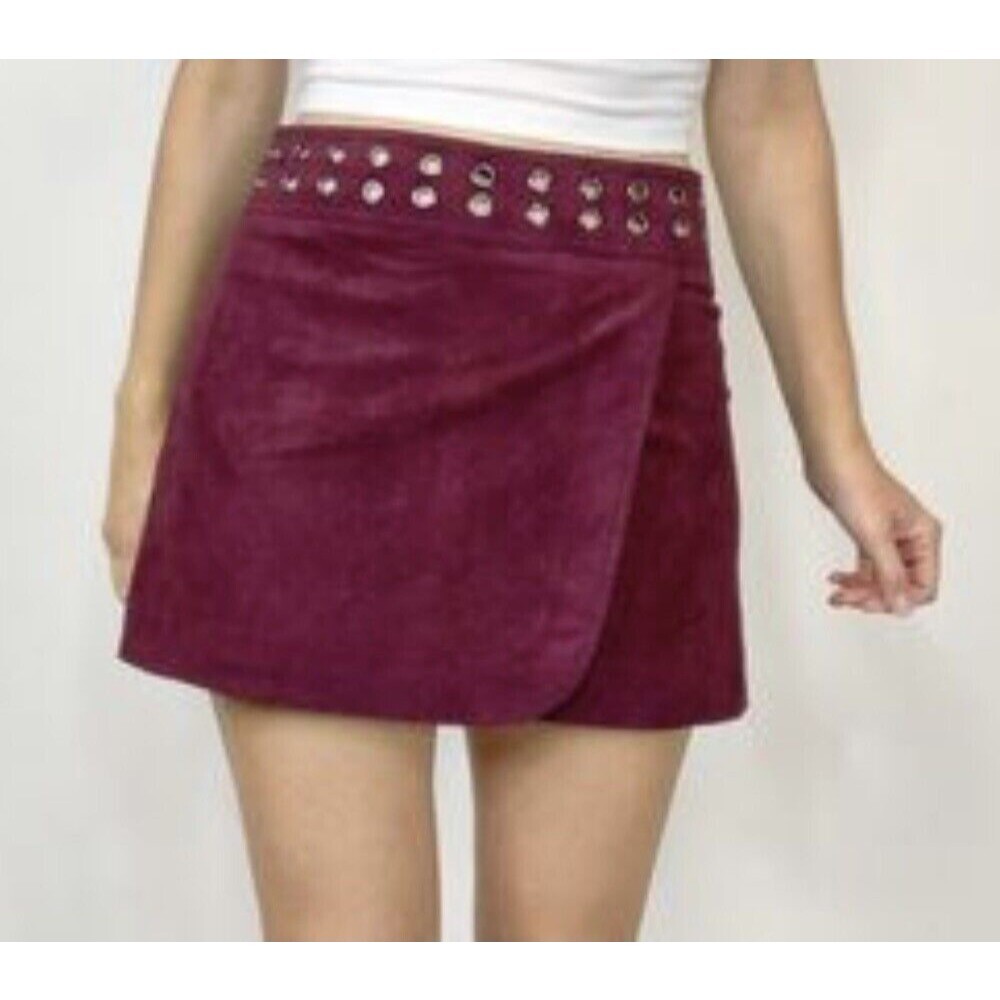 Whimsigoth Dorthy Faux Suede Grommet Mini Skirt Burgundy Wine Sz S y2k revival
